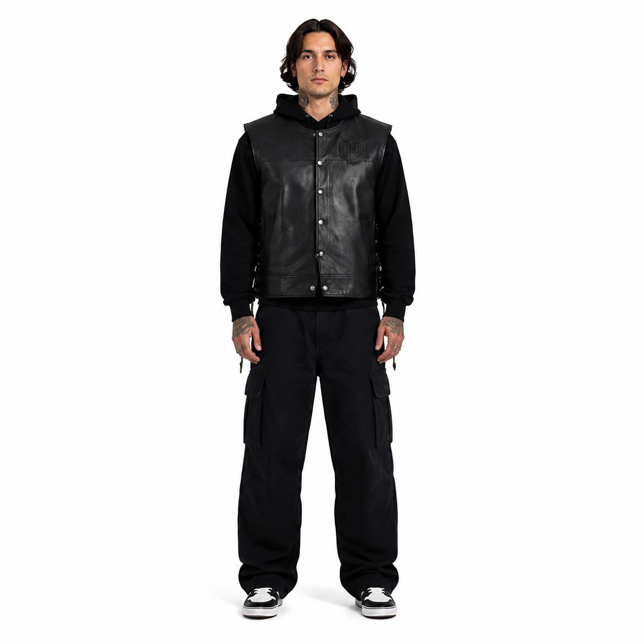 Men's Black Graphic Hooded Cowhide Leather Vest manufacturing detail 7
